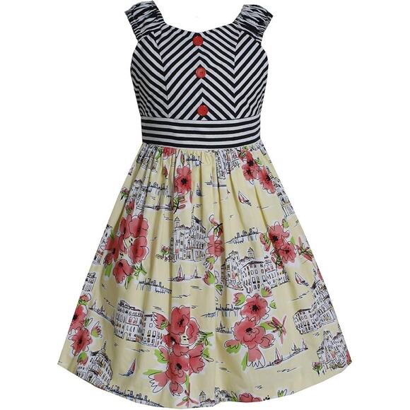 Bonnie Jean Tween Big Girls Cap Sleeve Poplin Mixed Print Dress Size 14 - Picture 1 of 4